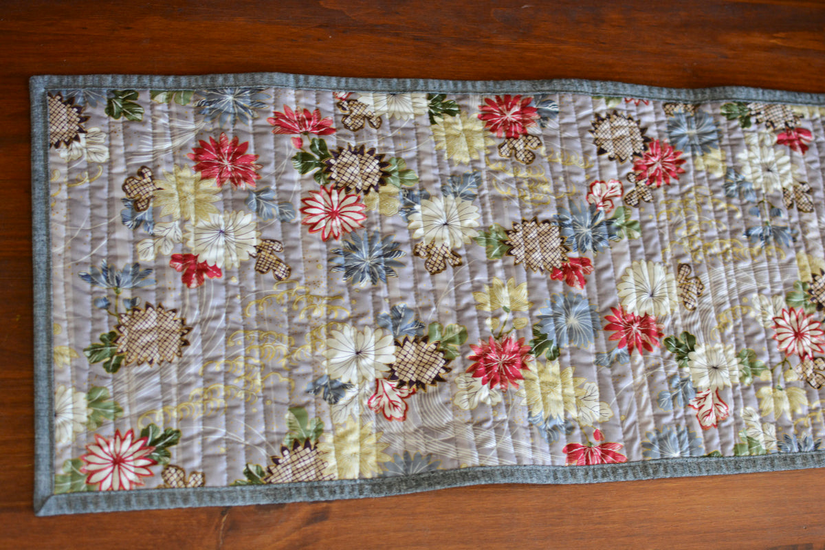 Handmade Quilted Table Runner Table Top Kimono Inspired Gray Purple
