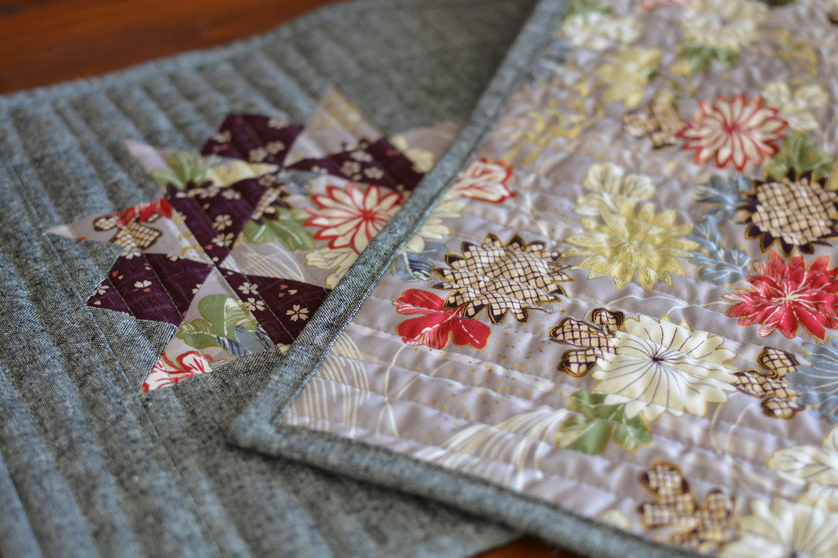 Handmade Quilted Table Runner Table Top Kimono Inspired Gray Purple