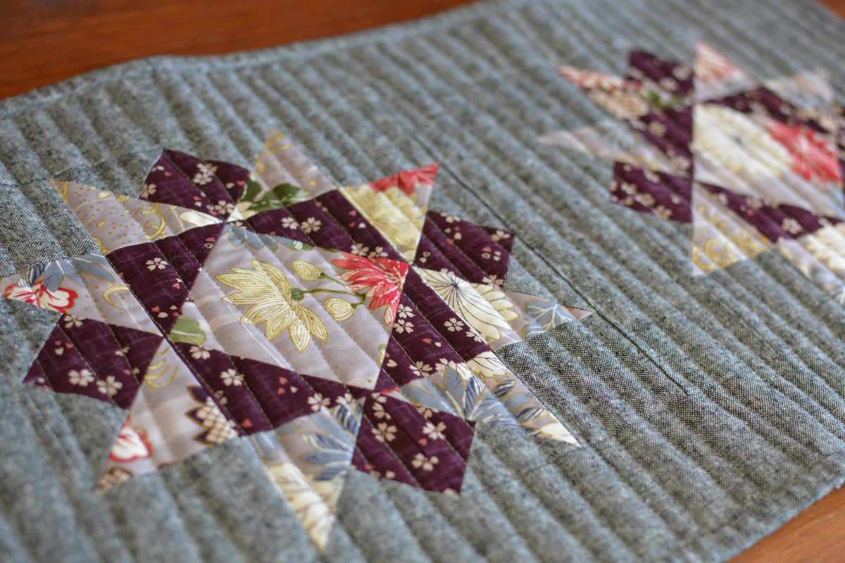 Handmade Quilted Table Runner Table Top Kimono Inspired Gray Purple