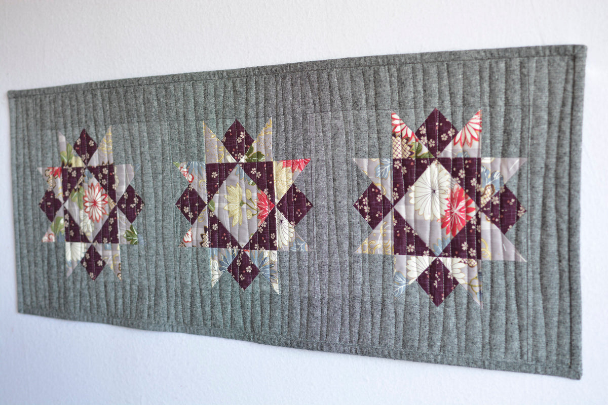 Handmade Quilted Table Runner Table Top Kimono Inspired Gray Purple