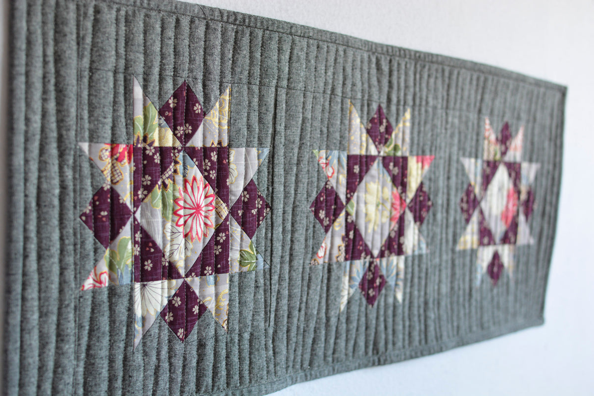Handmade Quilted Table Runner Table Top Kimono Inspired Gray Purple