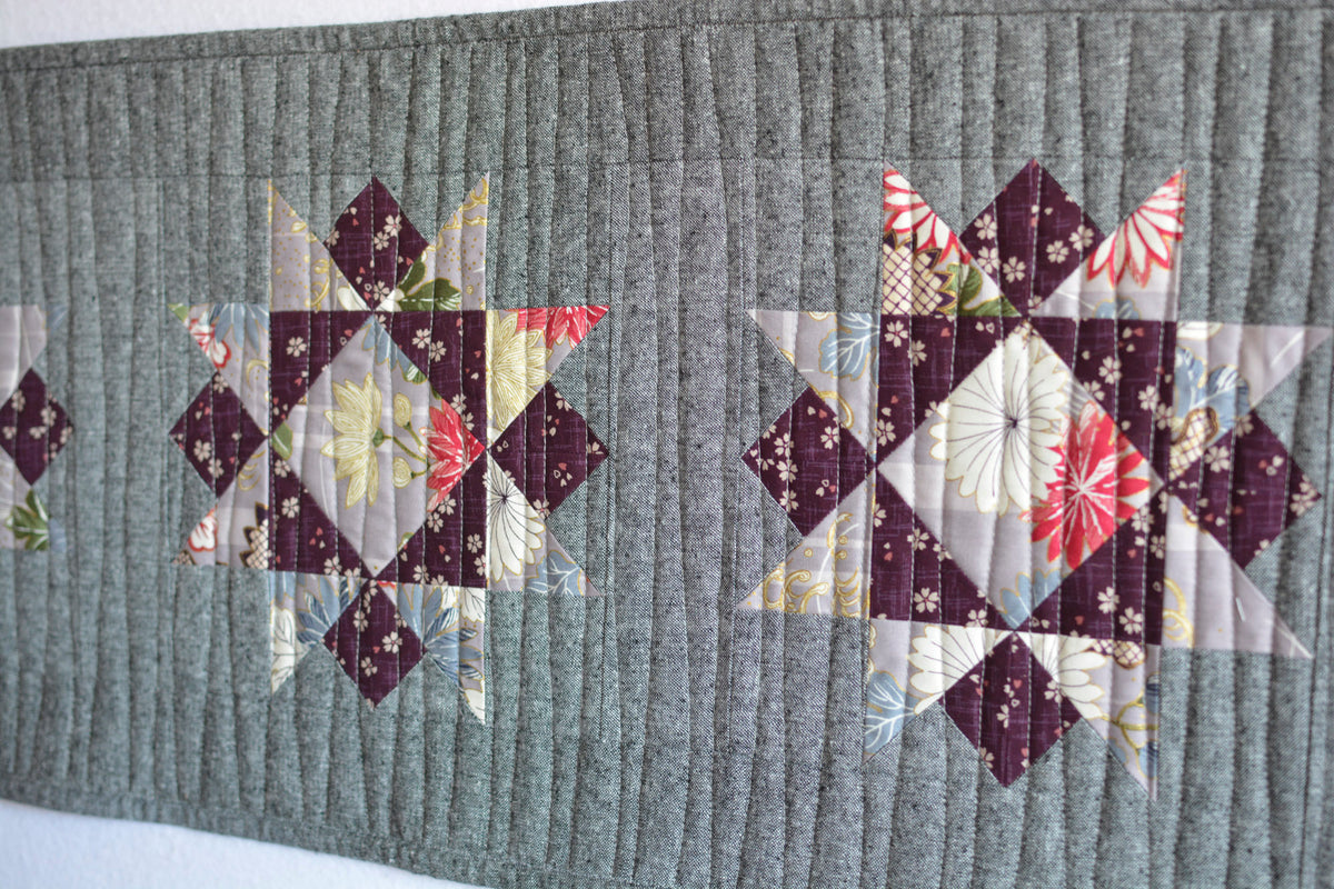 Handmade Quilted Table Runner Table Top Kimono Inspired Gray Purple