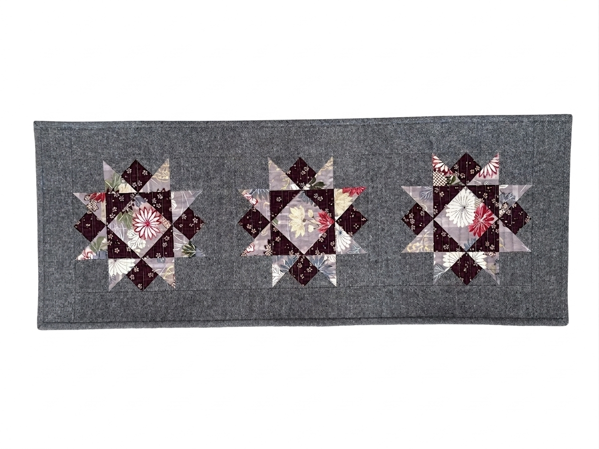 Handmade Quilted Table Runner Table Top Kimono Inspired Gray Purple