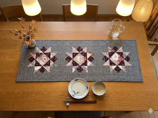 Handmade Quilted Table Runner Table Top Kimono Inspired Gray Purple